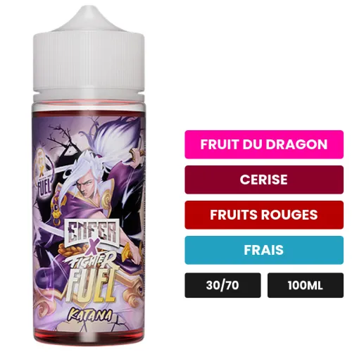 E-liquide Katana de Maison Fuel, 100 ml, saveurs fruit du dragon, cerise, fruits rouges et 1 autre.