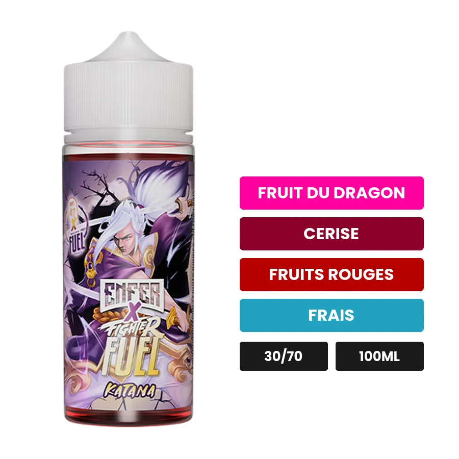 E-liquide Katana de Maison Fuel, 100 ml, saveurs fruit du dragon, cerise, fruits rouges et 1 autre.