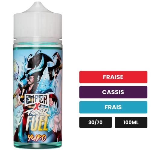 E-liquide Yuko de Maison Fuel, 100 ml, saveurs fraise, cassis et frais.