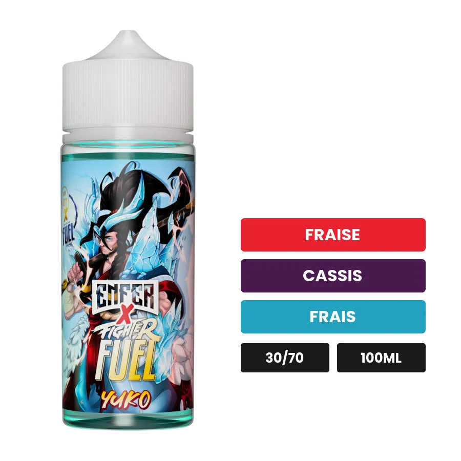 E-liquide Yuko de Maison Fuel, 100 ml, saveurs fraise, cassis et frais.