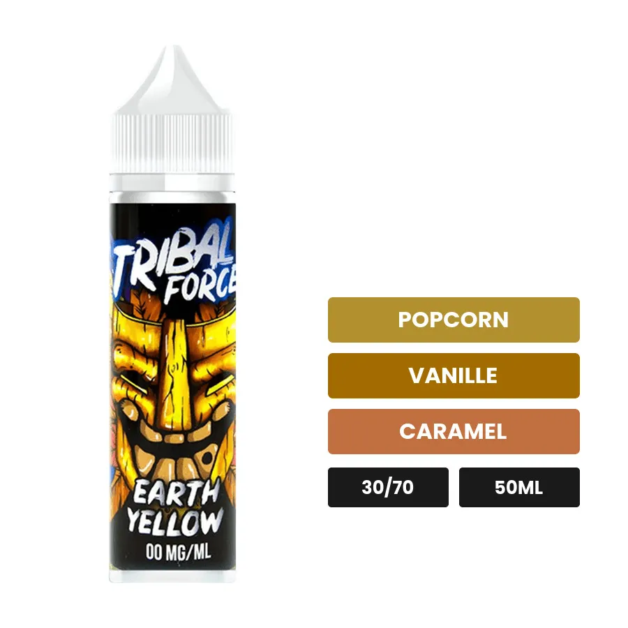E-liquide Earth Yellow de Tribal Force, 50 ml, saveurs popcorn, vanille et caramel.