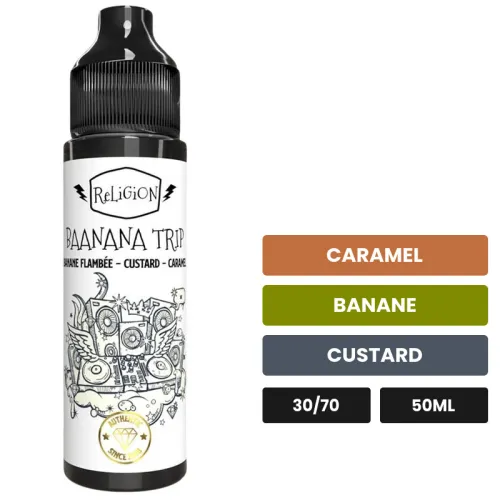 E-liquide Baanana Trip de Religion Juice, 50 ml, saveurs caramel, banane et custard.