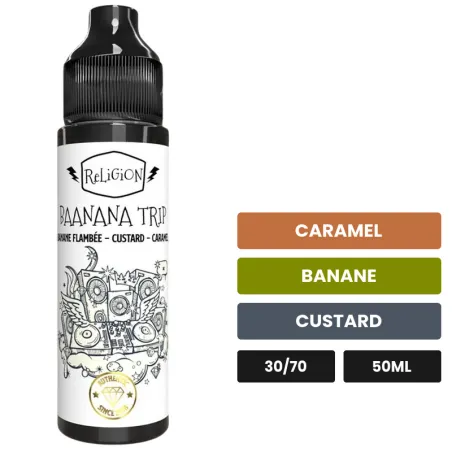 E-liquide Baanana Trip de Religion Juice, 50 ml, saveurs caramel, banane et custard.