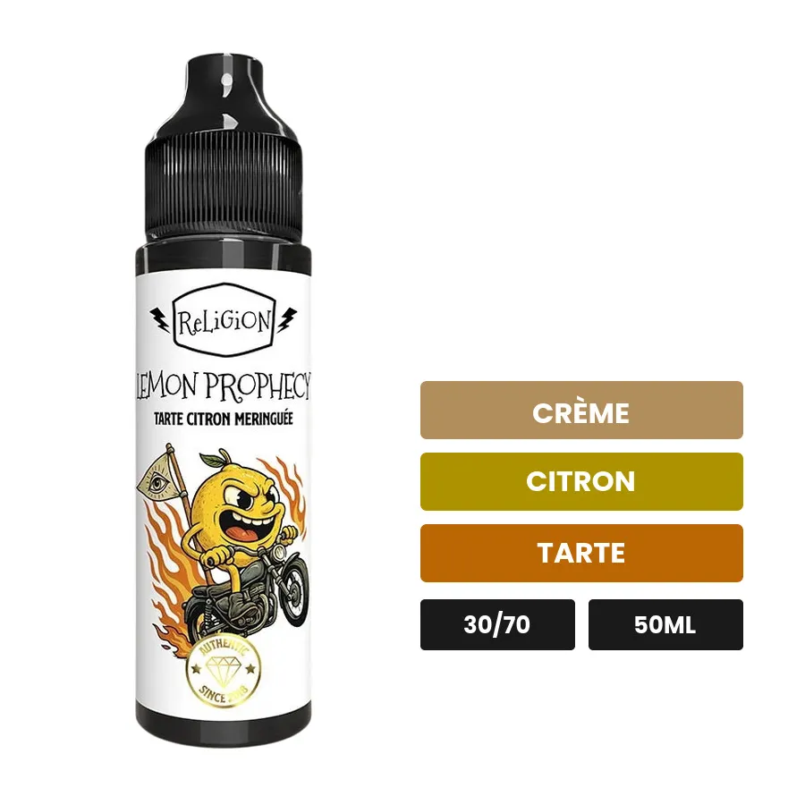 E-liquide Lemon Prophecy de Religion Juice, 50 ml, saveurs crème, citron et tarte.