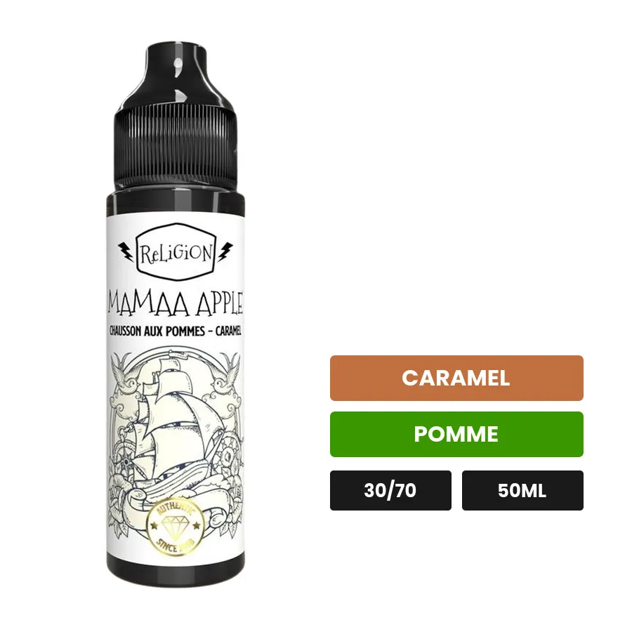 E-liquide Mamaa Apple de Religion Juice, 50 ml, saveurs caramel et pomme.