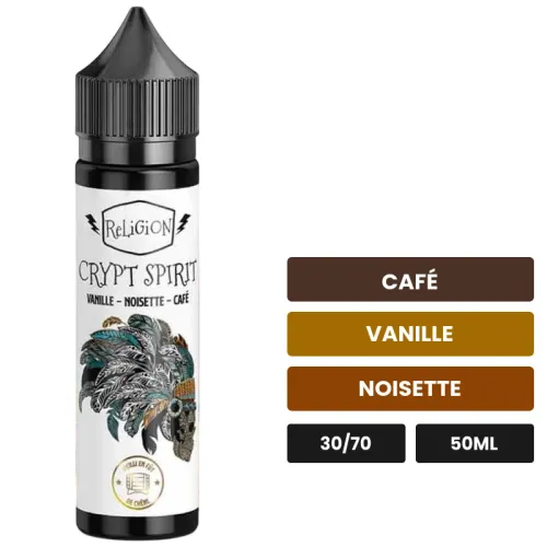 E-liquide Crypt Spirit de Religion Juice, 50 ml, saveurs café, vanille et noisette.