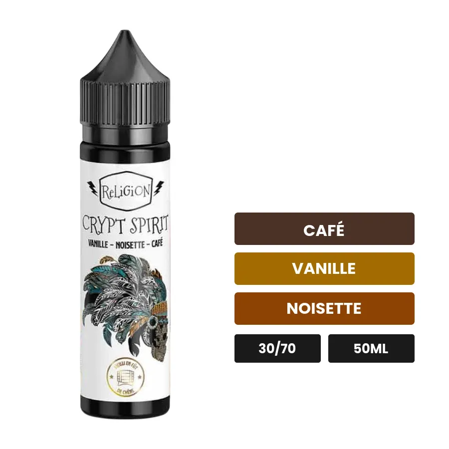 E-liquide Crypt Spirit de Religion Juice, 50 ml, saveurs café, vanille et noisette.