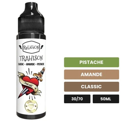 E-liquide Trahison de Religion Juice, 50 ml, saveurs pistache, amande et classic.