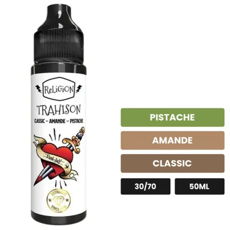 E-liquide Trahison de Religion Juice, 50 ml, saveurs pistache, amande et classic.