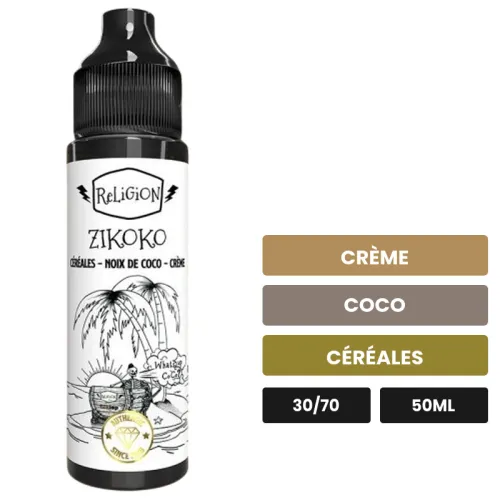 E-liquide Zikoko de Religion Juice, 50 ml, saveurs crème, coco et céréales.