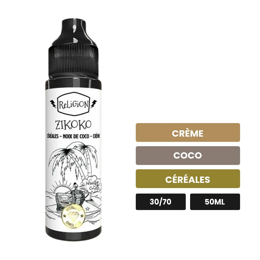 E-liquide Zikoko de Religion Juice, 50 ml, saveurs crème, coco et céréales.