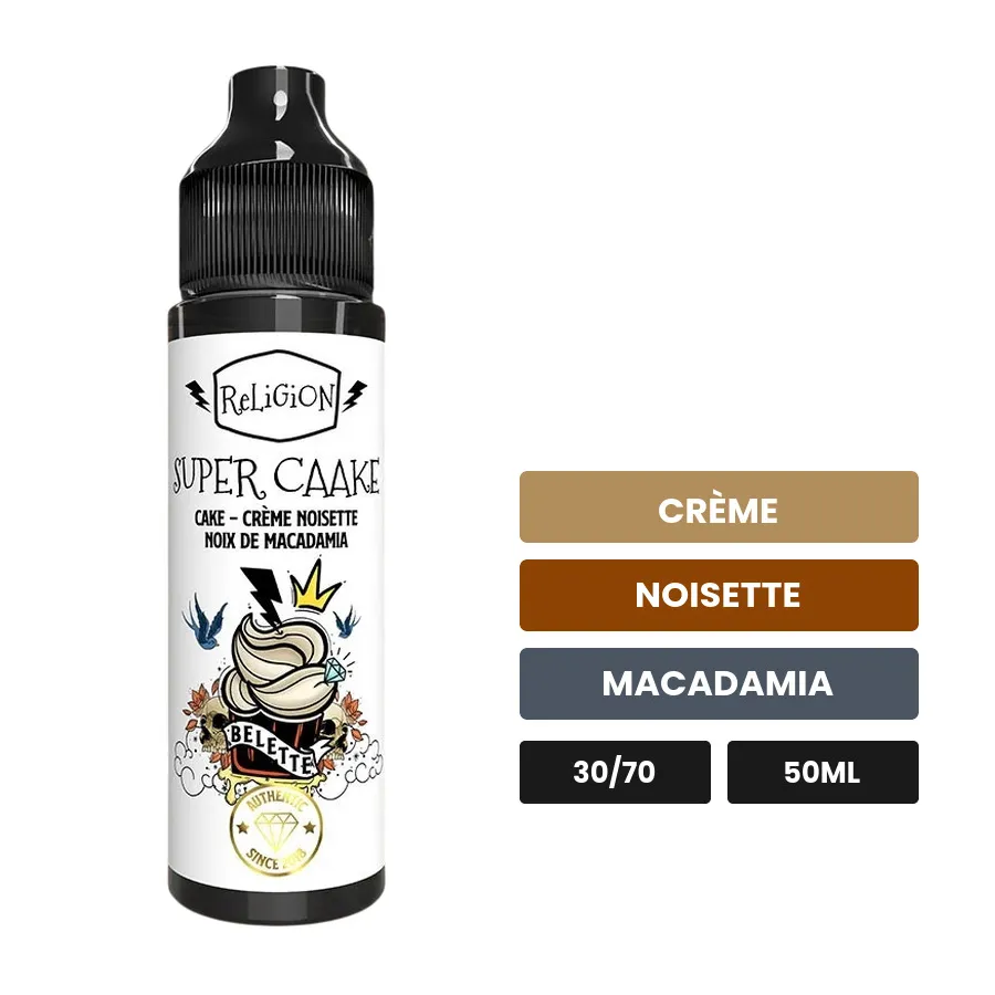 E-liquide Super Caake de Religion Juice, 50 ml, saveurs crème, noisette et macadamia.
