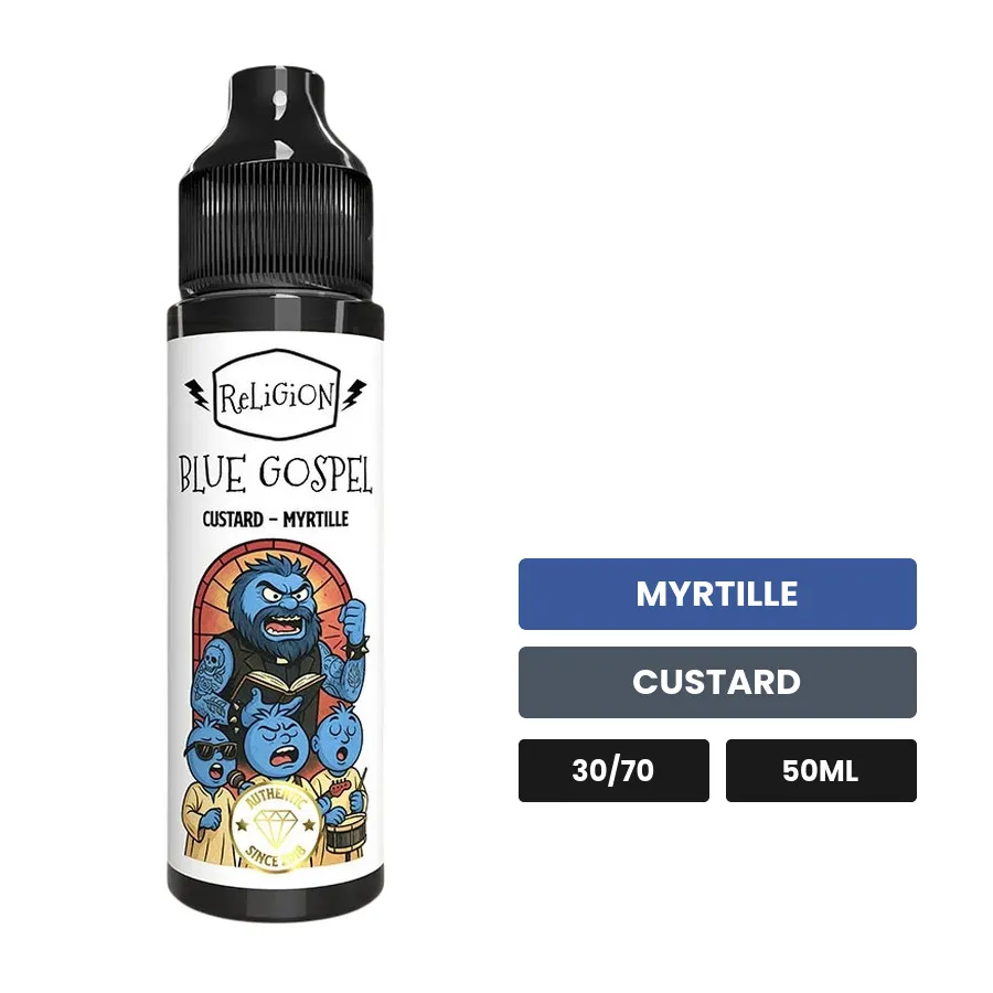 E-liquide Blue Gospel de Religion Juice, 50 ml, saveurs myrtille et custard.