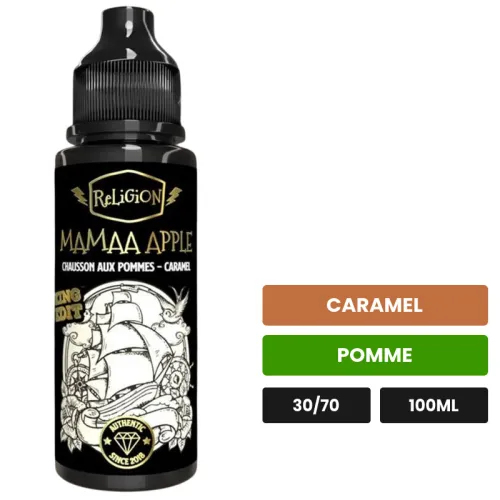E-liquide Mamaa Apple de Religion Juice, 100 ml, saveurs caramel et pomme.