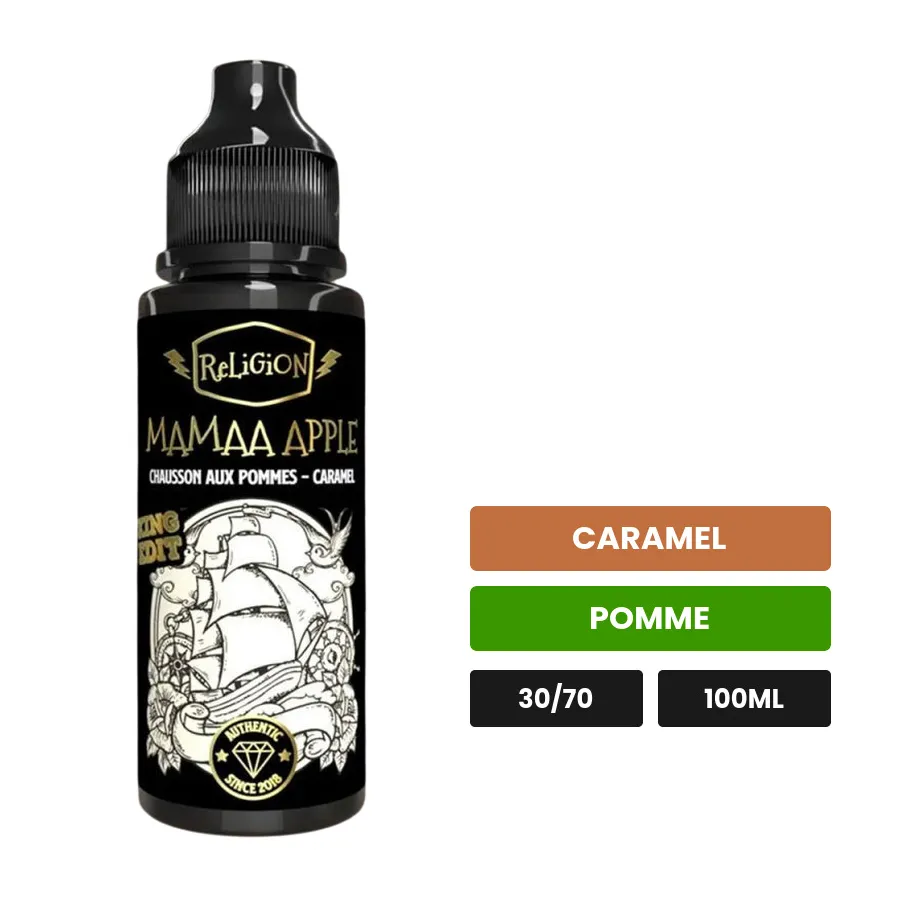 E-liquide Mamaa Apple de Religion Juice, 100 ml, saveurs caramel et pomme.
