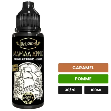 E-liquide Mamaa Apple de Religion Juice, 100 ml, saveurs caramel et pomme.