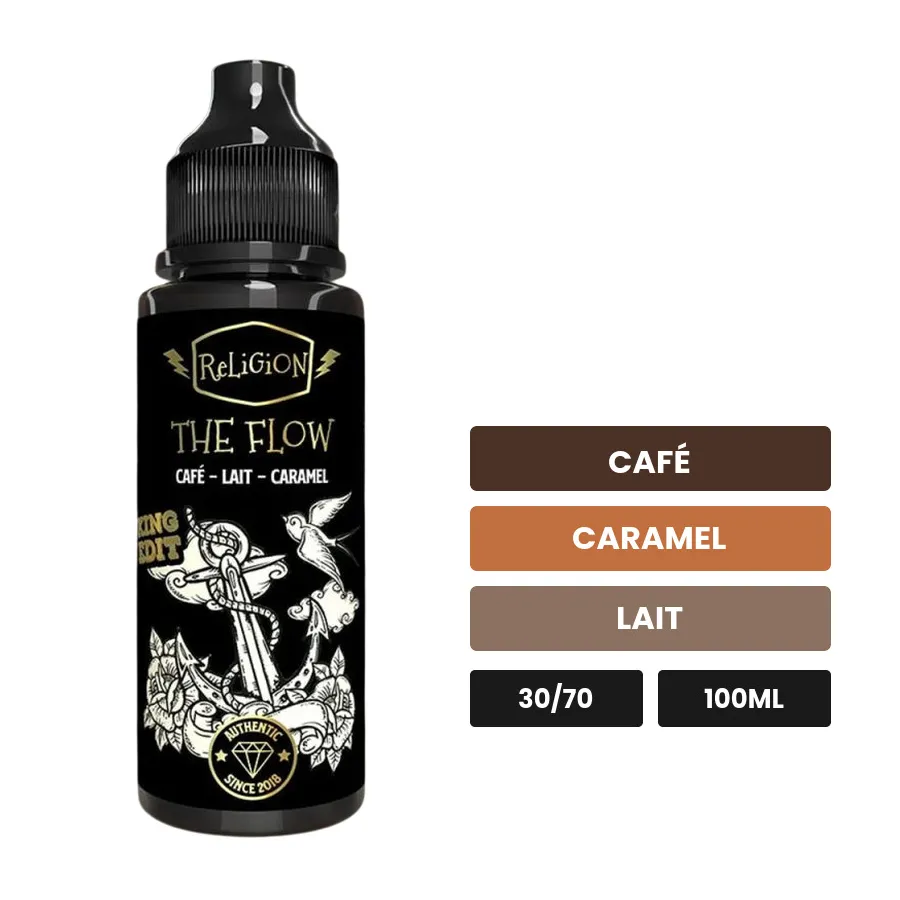 E-liquide The Flow de Religion Juice, 100 ml, saveurs café, caramel et lait.