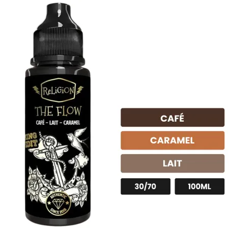 E-liquide The Flow de Religion Juice, 100 ml, saveurs café, caramel et lait.