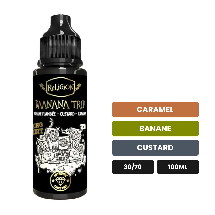E-liquide Baanana Trip de Religion Juice, 100 ml, saveurs caramel, banane et custard.