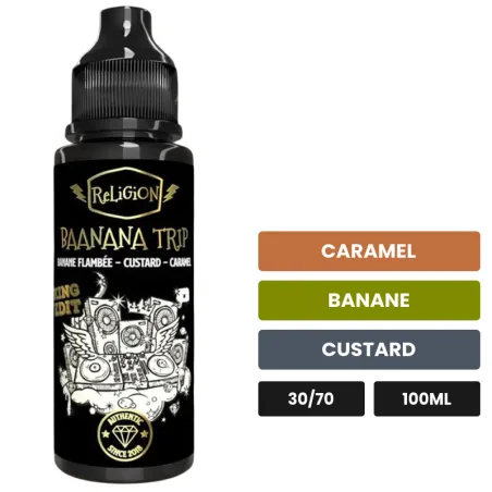 E-liquide Baanana Trip de Religion Juice, 100 ml, saveurs caramel, banane et custard.