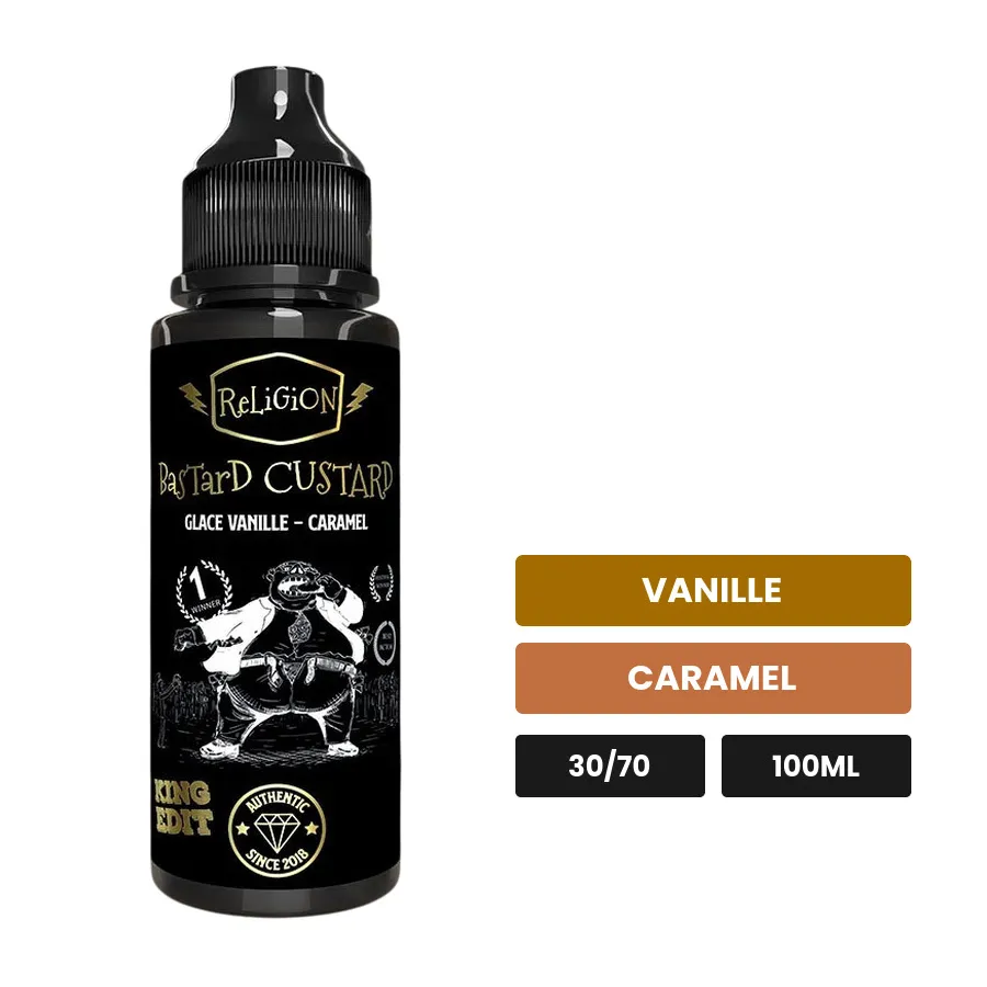 E-liquide Bastard Custard de Religion Juice, 100 ml, saveurs vanille et caramel.
