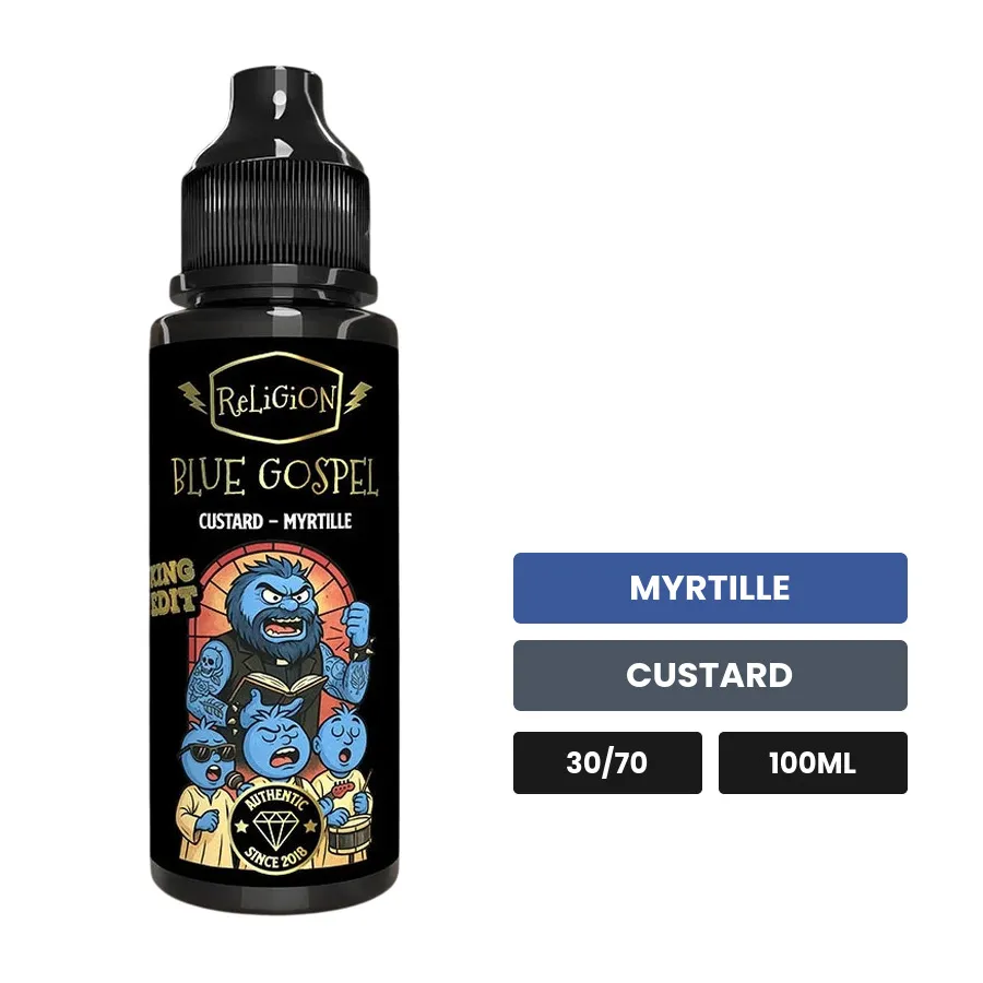 E-liquide Blue Gospel de Religion Juice, 100 ml, saveurs myrtille et custard.