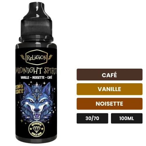 E-liquide Midnight Spirit de Religion Juice, 100 ml, saveurs café, vanille et noisette.