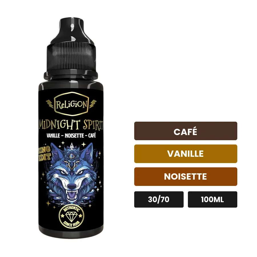 E-liquide Midnight Spirit de Religion Juice, 100 ml, saveurs café, vanille et noisette.