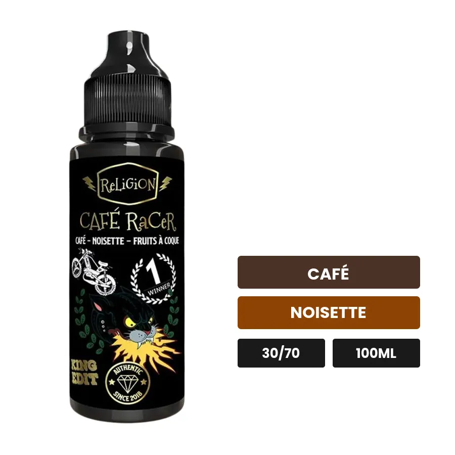 E-liquide Café Racer de Religion Juice, 100 ml, saveurs café et noisette.