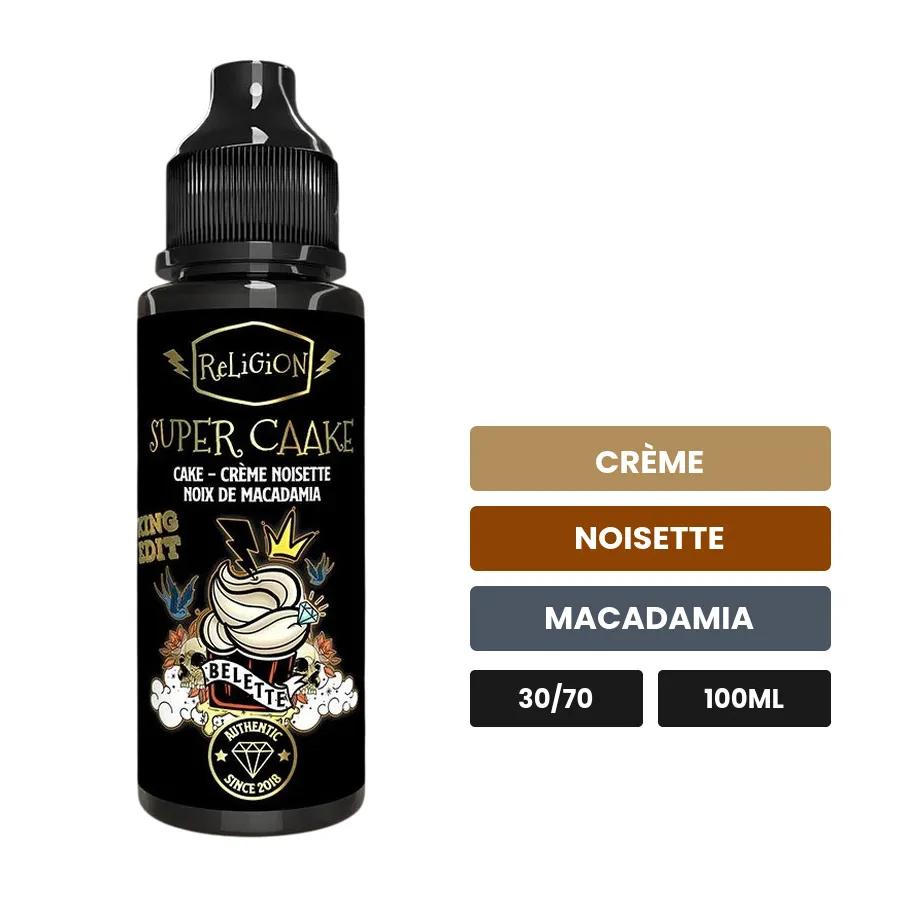 E-liquide Super Caake de Religion Juice, 100 ml, saveurs crème, noisette et macadamia.