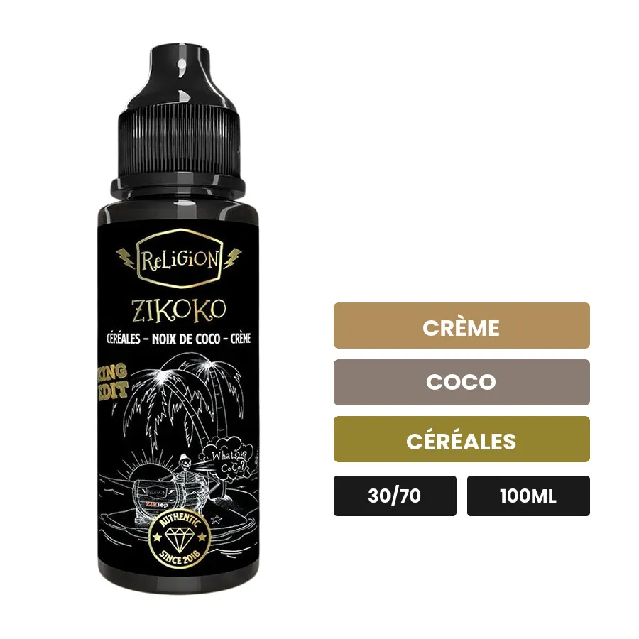 E-liquide Zikoko de Religion Juice, 100 ml, saveurs crème, coco et céréales.