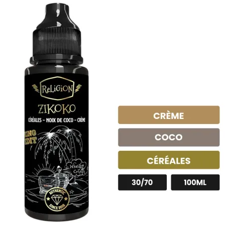 E-liquide Zikoko de Religion Juice, 100 ml, saveurs crème, coco et céréales.