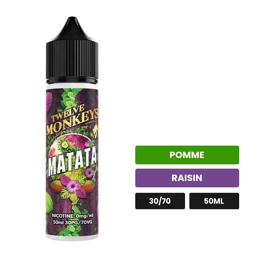 E-liquide Matata de 12 Monkeys, 50 ml, saveurs pomme et raisin.