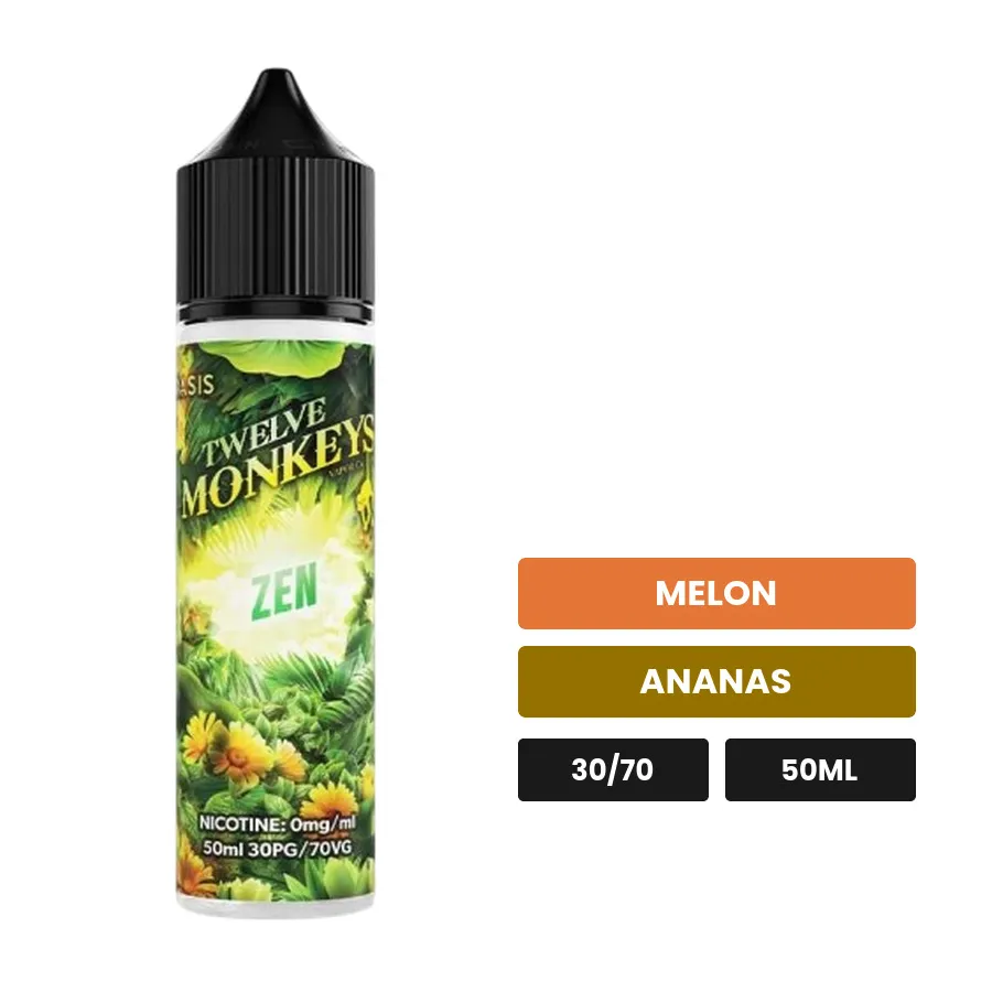E-liquide Zen - Oasis de 12 Monkeys, 50 ml, saveurs melon et ananas.