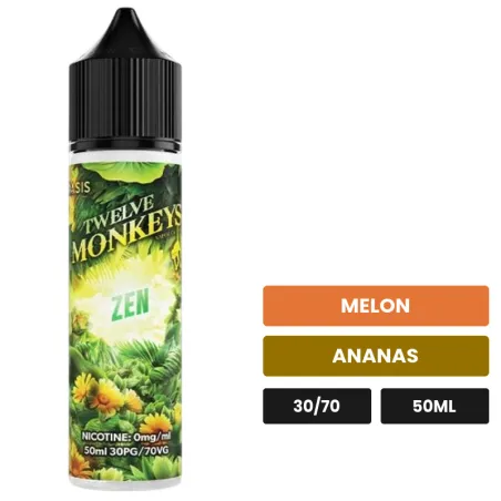 E-liquide Zen - Oasis de 12 Monkeys, 50 ml, saveurs melon et ananas.