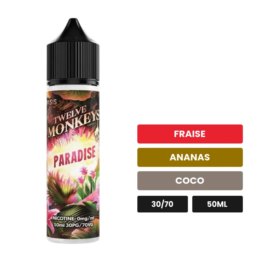E-liquide Paradise de 12 Monkeys, 50 ml, saveurs fraise, ananas et coco.