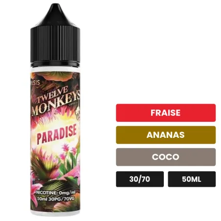 E-liquide Paradise de 12 Monkeys, 50 ml, saveurs fraise, ananas et coco.