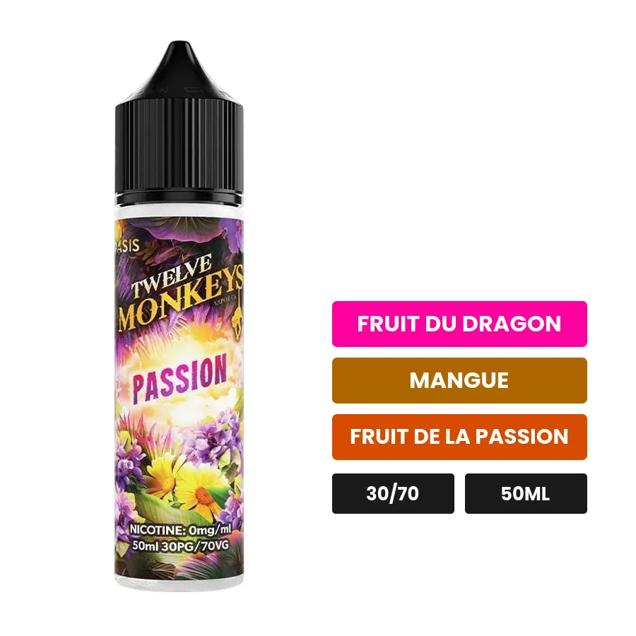 E-liquide Passion de 12 Monkeys, 50 ml, saveurs fruit du dragon, mangue et fruit de la passion.