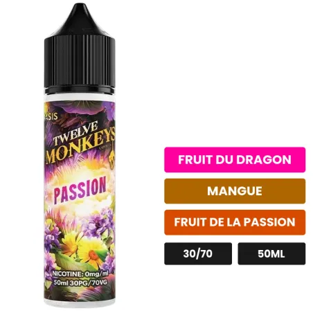 E-liquide Passion de 12 Monkeys, 50 ml, saveurs fruit du dragon, mangue et fruit de la passion.