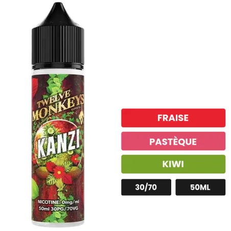 E-liquide Kanzi Monkey Mix de 12 Monkeys, 50 ml, saveurs fraise, pastèque et kiwi.