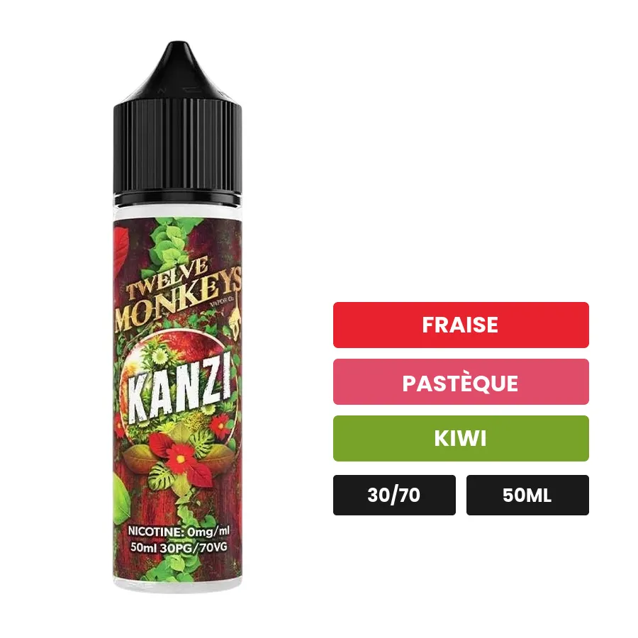 E-liquide Kanzi de 12 Monkeys, 50 ml, saveurs fraise, pastèque et kiwi.