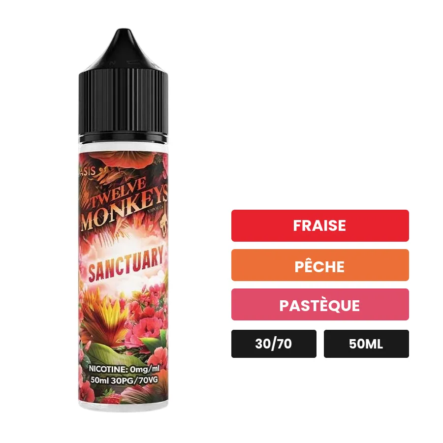E-liquide Sanctuary de 12 Monkeys, 50 ml, saveurs fraise, pêche et pastèque.