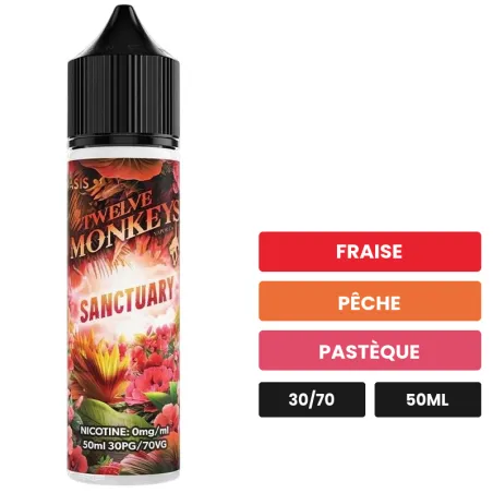E-liquide Sanctuary de 12 Monkeys, 50 ml, saveurs fraise, pêche et pastèque.