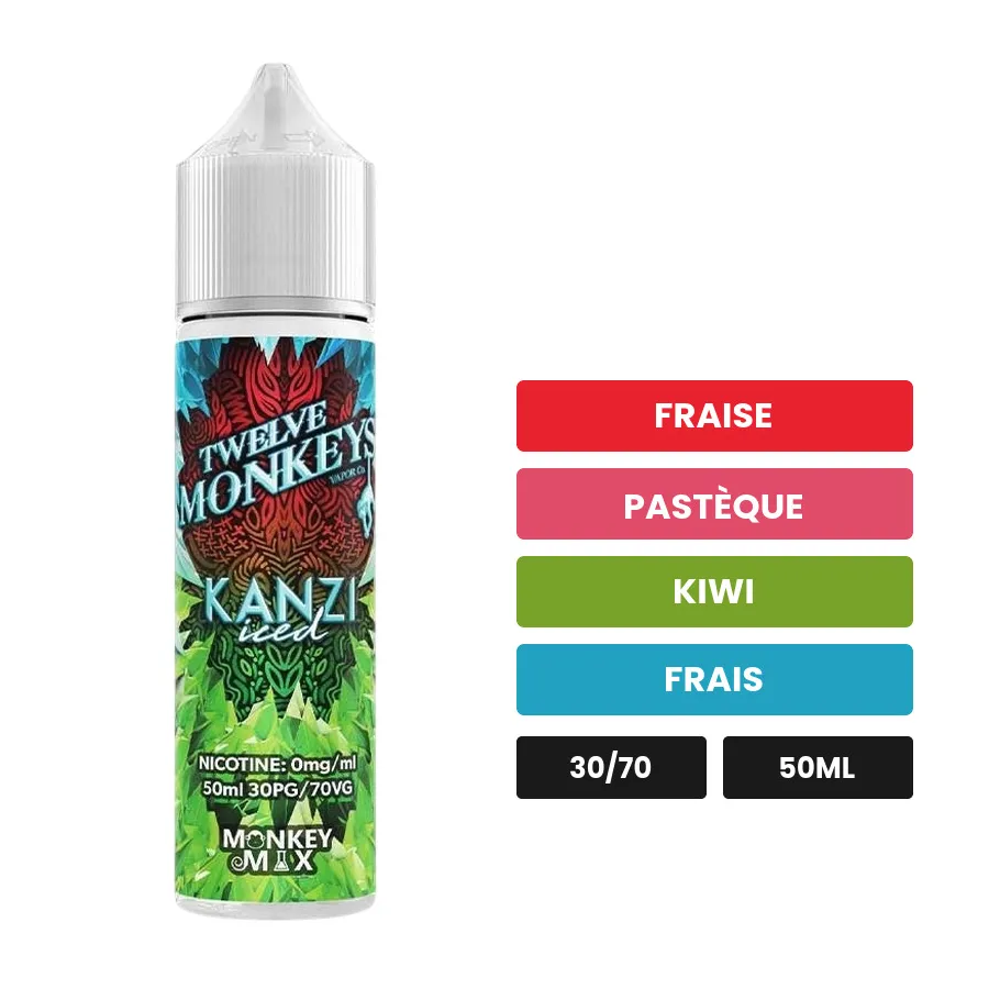 E-liquide Kanzi Iced de 12 Monkeys, 50 ml, saveurs fraise, pastèque, kiwi et 1 autre.