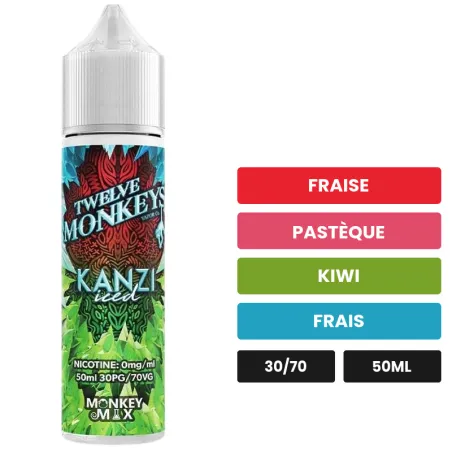 E-liquide Kanzi Iced de 12 Monkeys, 50 ml, saveurs fraise, pastèque, kiwi et 1 autre.