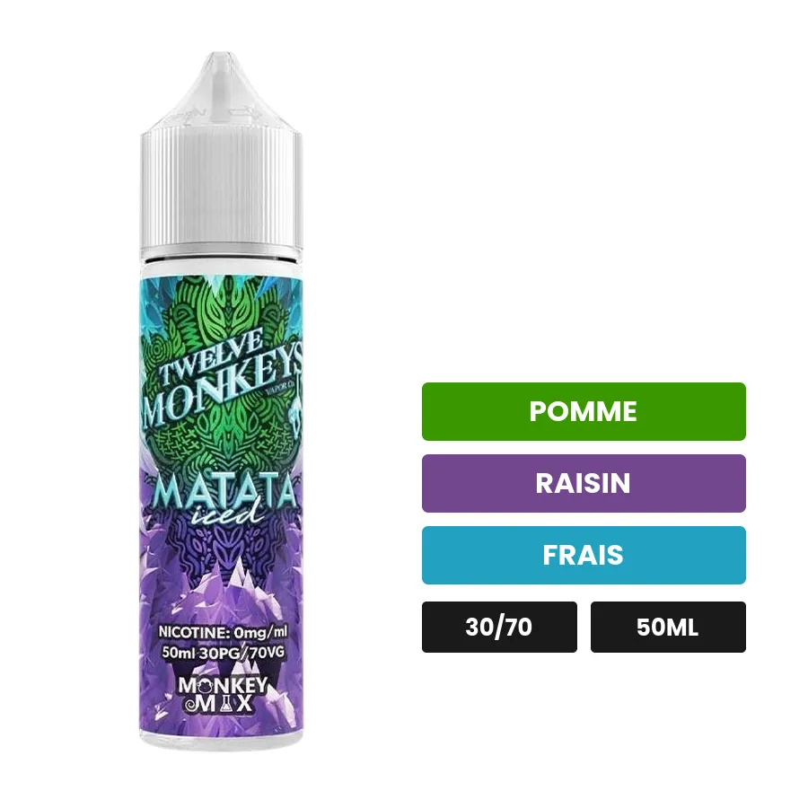 E-liquide Matata Iced de 12 Monkeys, 50 ml, saveurs pomme, raisin et frais.