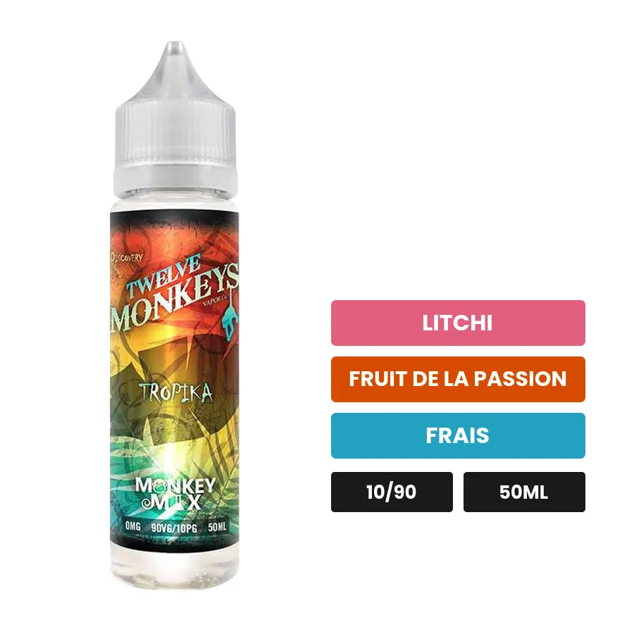 E-liquide Tropika Monkey Mix de 12 Monkeys, 50 ml, saveurs litchi, fruit de la passion et frais.