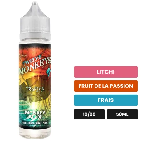 E-liquide Tropika Monkey Mix de 12 Monkeys, 50 ml, saveurs litchi, fruit de la passion et frais.