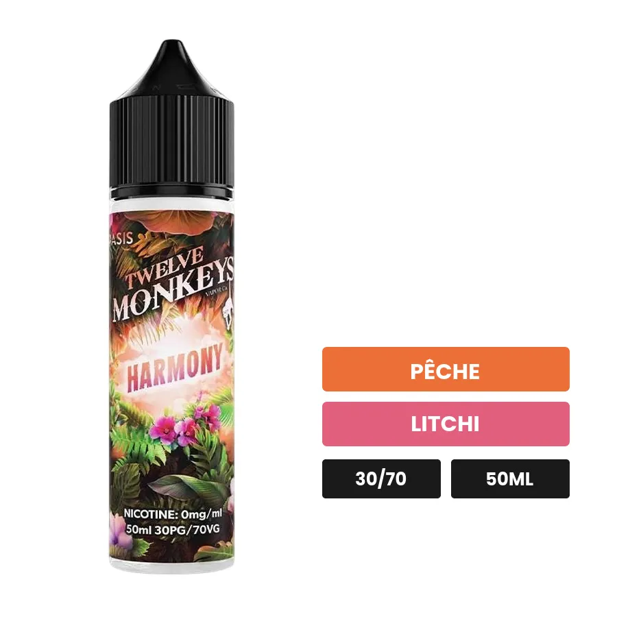 E-liquide Harmony - Oasis de 12 Monkeys, 50 ml, saveurs pêche et litchi.