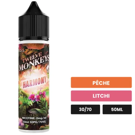 E-liquide Harmony - Oasis de 12 Monkeys, 50 ml, saveurs pêche et litchi.
